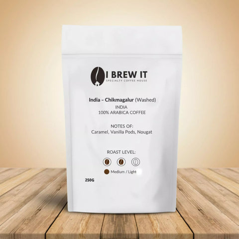 I Brew It 250g coffee bag – India Chikmagalur (Washed), notes of Caramel, Vanilla Pods and Nougat, Medium/Light roast.