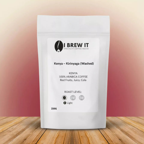 I Brew It 250g bag – Kenya Kirinyaga (Washed), notes of Red Fruits, Juicy and Cola, Light roast.