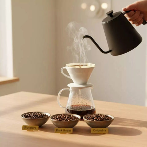 iBrewit UK Year-Round Essentials – Signature Blend, Dark Roast Blend, Colombia Mustafa Estate and Fincas Mustafa Decaf arranged in a clean 2×2 grid, warm wood and cream tones.