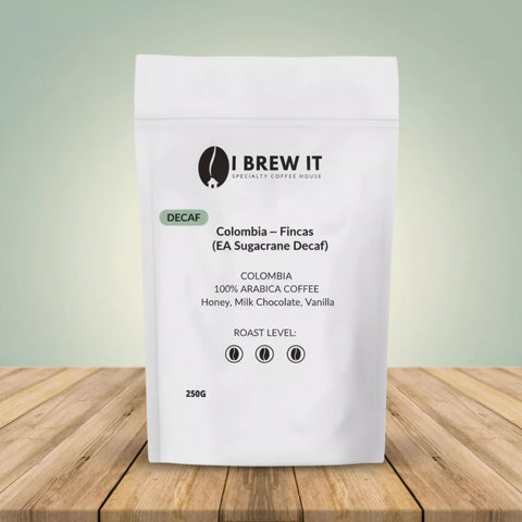 I Brew It 250g bag – Colombia Fincas Mustafa (EA Sugarcane Decaf), notes of Honey, Milk Chocolate and Vanilla, Medium roast, DECAF badge.