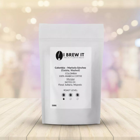 I Brew It 250g bag – Colombia Marisela Sánchez Geisha (Washed), notes of Floral, Sultana and Majestic, Light roast.
