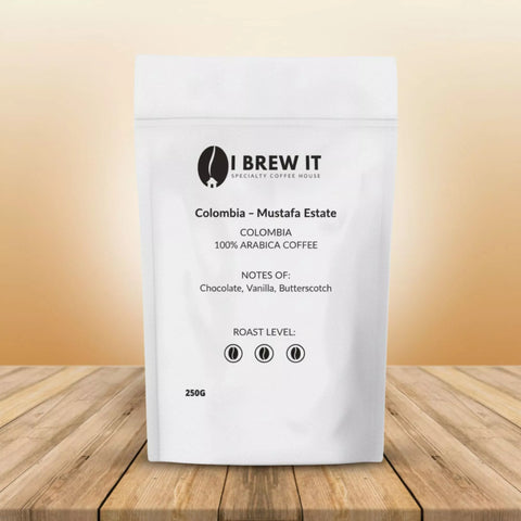 I Brew It 250g bag – Colombia Mustafa Estate, notes of Chocolate, Vanilla and Butterscotch, Medium roast.