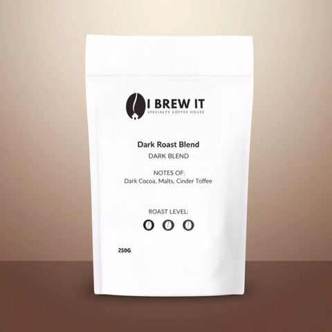I Brew It 250g bag – Dark Roast Blend, notes of Dark Cocoa, Malts and Cinder Toffee, Dark roast.