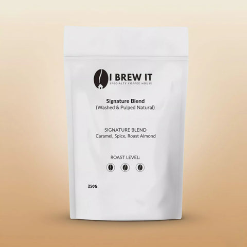 I Brew It 250g bag – Signature Blend (Washed & Pulped Natural), notes of Caramel, Spice and Roast Almond, Medium roast.