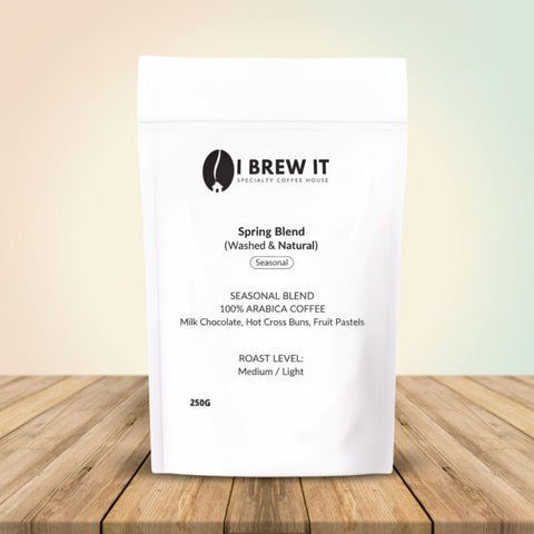 I Brew It 250g bag – Spring Blend (Washed & Natural), notes of Milk Chocolate, Hot Cross Buns and Fruit Pastels, Medium/Light roast.